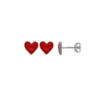 Boucles d'oreilles puces coeurs émail rouge, argent platiné