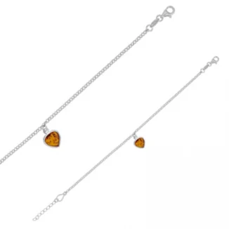 Bracelet en argent rhodié et ambre cognac en forme de coeur