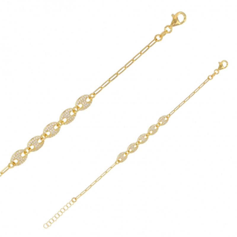 Bracelet maille grains de café orné d'oxydes, argent doré