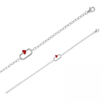 Bracelet ovale coeur en résine rouge, argent rhodié