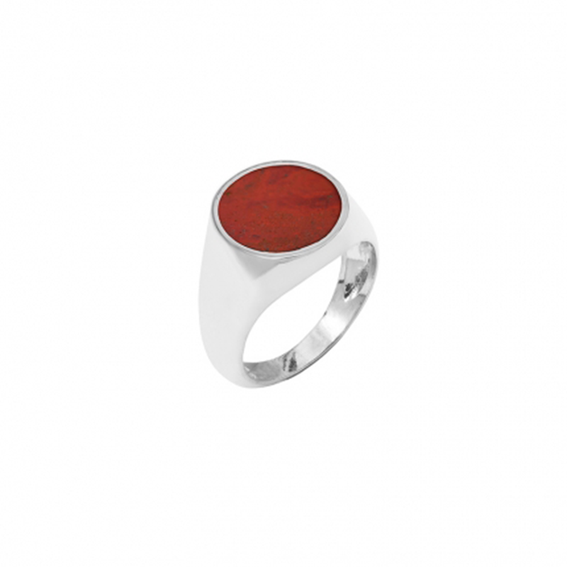 Chevalière jaspe rouge, pierre ronde extra plate, argent