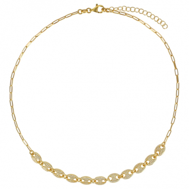 Collier maille grains de café orné d'oxydes, argent doré