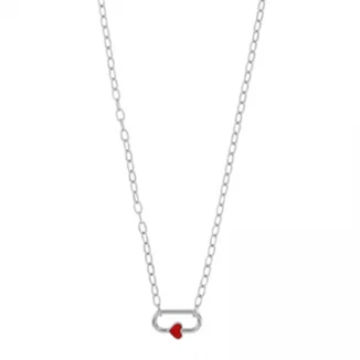 Collier ovale coeur en résine rouge, argent rhodié