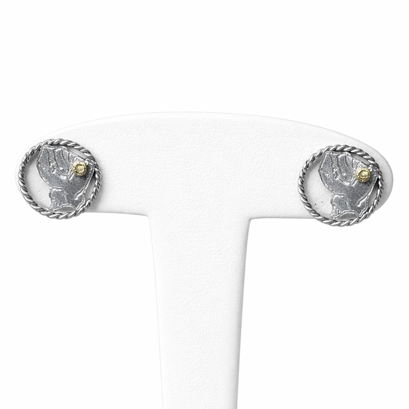 Boucles d’oreilles puces carte de la Guyane encerclée, argent & pépite 18k