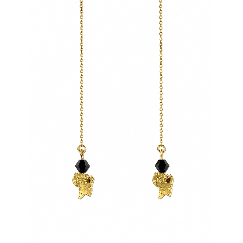 Boucles d’Oreilles Chainette "Carte de Guyane", Or 18k et cristal Noir