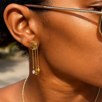 Alternative view of Boucles d’Oreilles "Attrape-Rêves de Guyane", Or 18k et Pampilles de Lumière